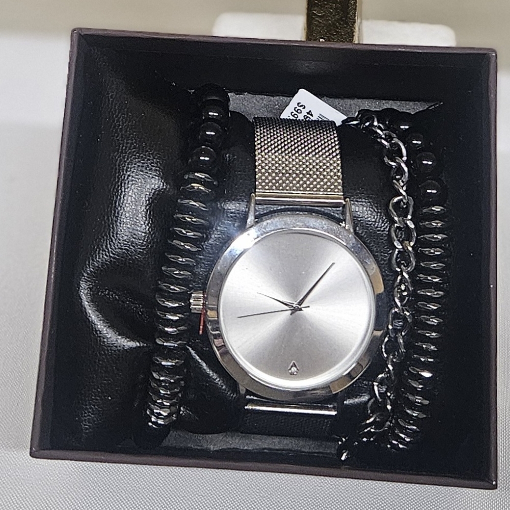 Silver Watch with Black Bracelet Set